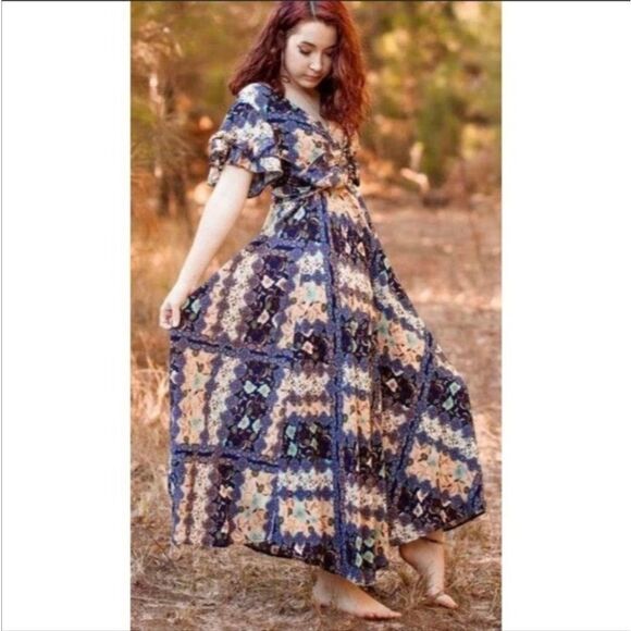 Abel The Label Anthropologie Floral Paisley Patchwork‎ V-Neck Maxi Dress Size XS - Picture 2 of 9